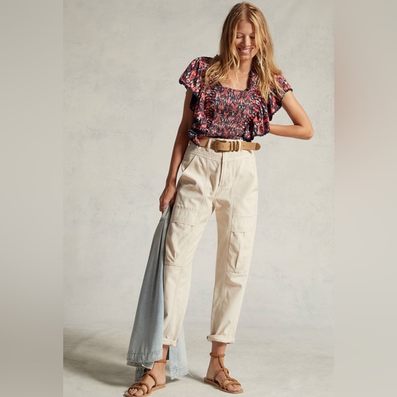 Anthropologie Let Me Be Printed Smocked Ruffle Sleeve 100% Cotton Crop Top - Picture 11 of 11